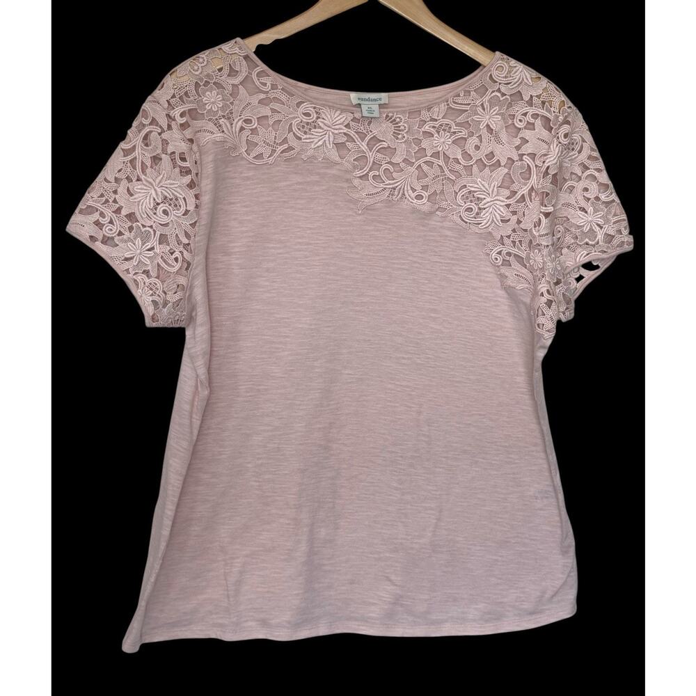 Sundance Shirt Womens Size XL Pink Lovlier Days Slub Jersey Tee Top Crochet Lace